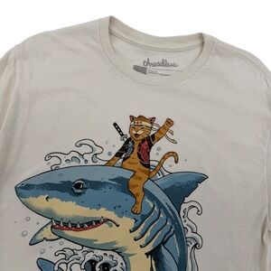 Threadless Men's Medium‎ T-Shirt Cat Ninja Riding Shark Graphic Tee